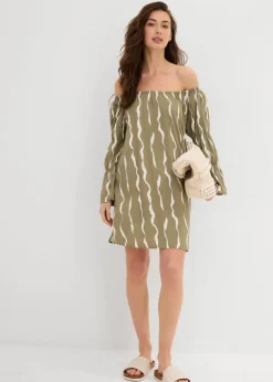 bonprix Bekleidung·Pullover & Strickjacken|Kleider|Carmen-Kleid aus fließender Viskose schlammgrün/weiß bedruckt