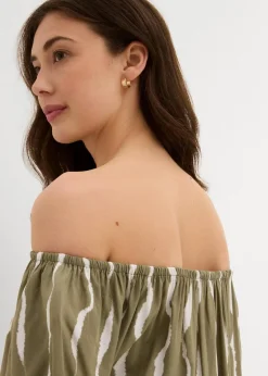 bonprix Bekleidung·Pullover & Strickjacken|Kleider|Carmen-Kleid aus fließender Viskose schlammgrün/weiß bedruckt