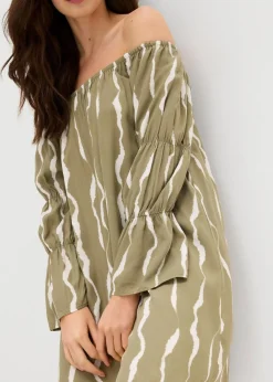 bonprix Bekleidung·Pullover & Strickjacken|Kleider|Carmen-Kleid aus fließender Viskose schlammgrün/weiß bedruckt