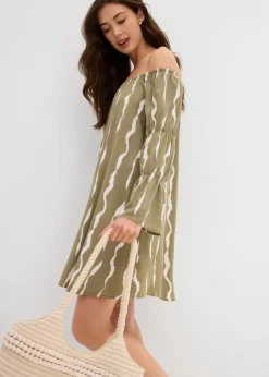 bonprix Bekleidung·Pullover & Strickjacken|Kleider|Carmen-Kleid aus fließender Viskose schlammgrün/weiß bedruckt