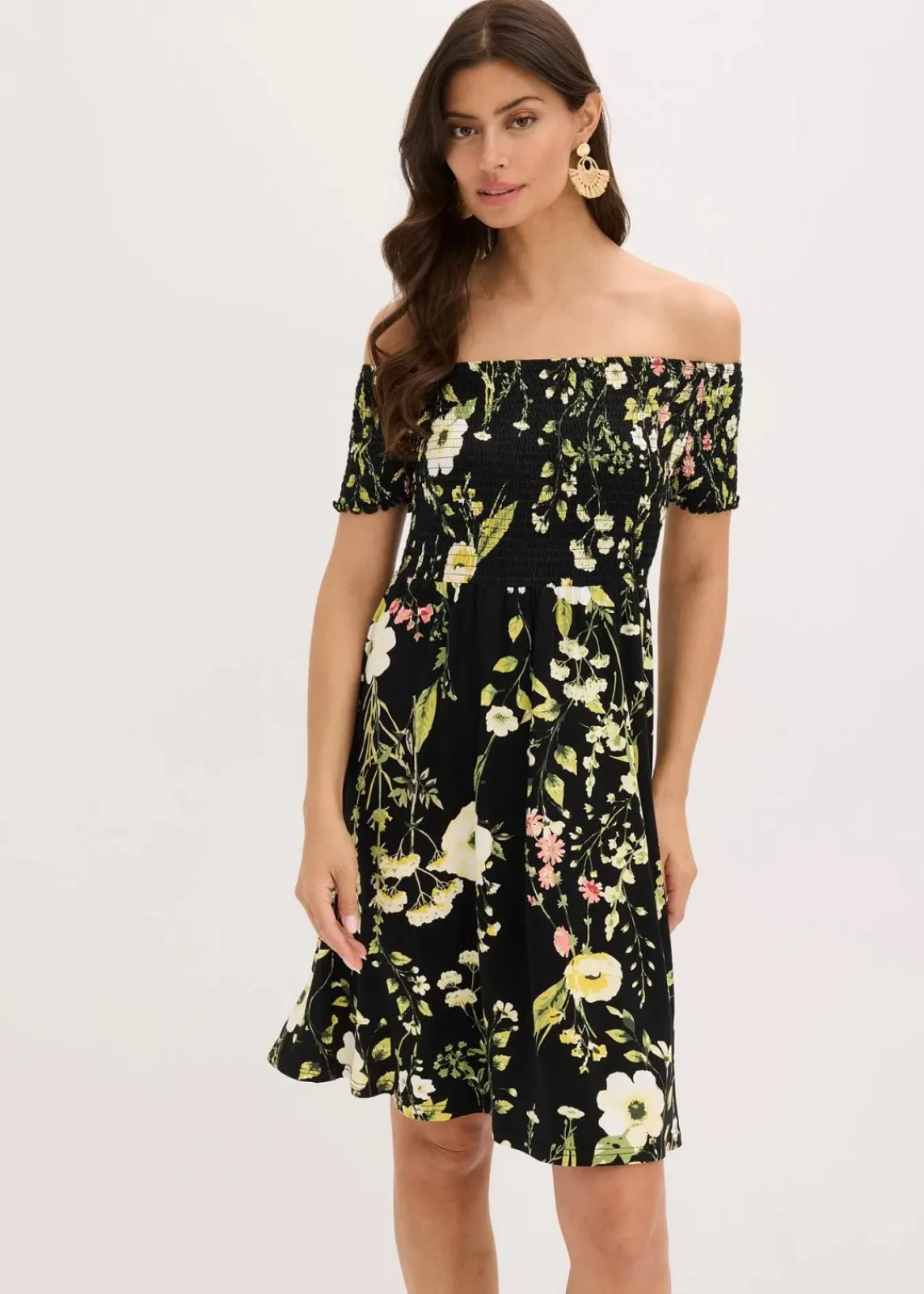 bonprix Bekleidung·Pullover & Strickjacken|Kleider|Carmen-Kleid aus softem Viskose-Mix schwarz floral