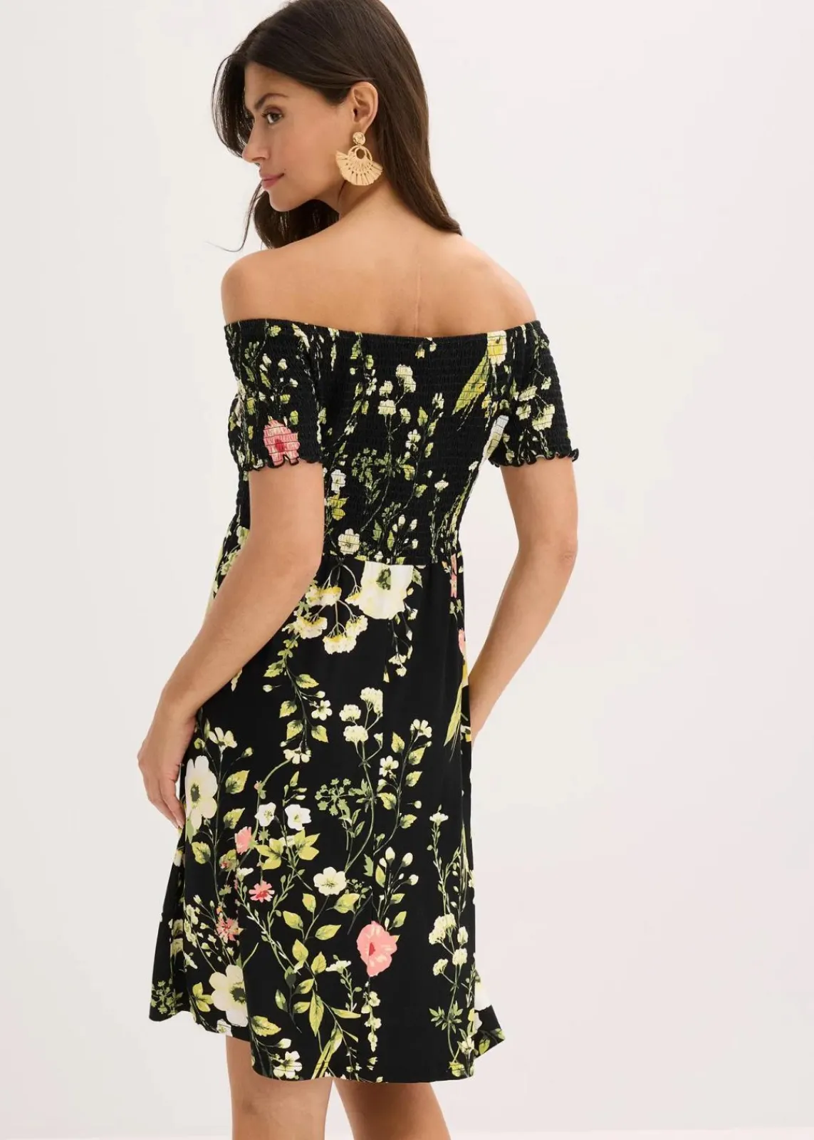 bonprix Bekleidung·Pullover & Strickjacken|Kleider|Carmen-Kleid aus softem Viskose-Mix schwarz floral