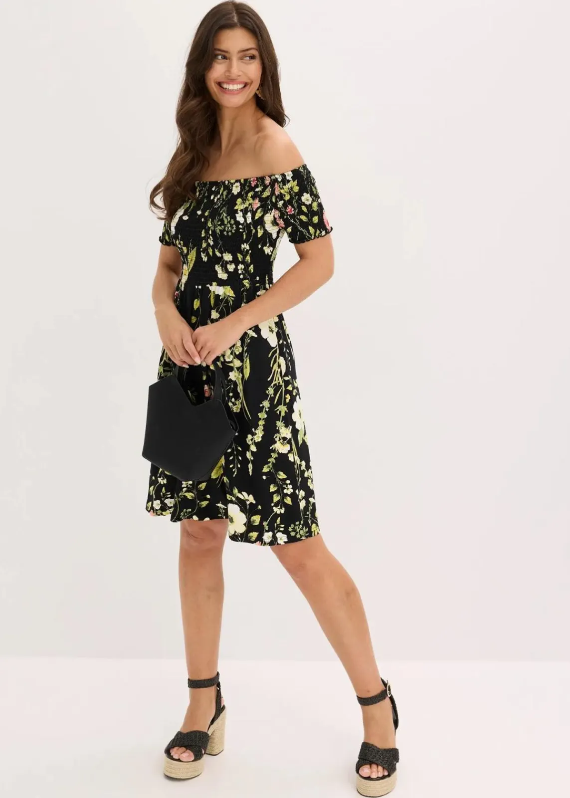 bonprix Bekleidung·Pullover & Strickjacken|Kleider|Carmen-Kleid aus softem Viskose-Mix schwarz floral