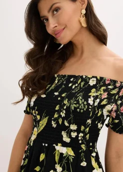 bonprix Bekleidung·Pullover & Strickjacken|Kleider|Carmen-Kleid aus softem Viskose-Mix schwarz floral