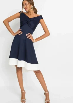 bonprix Bekleidung·Pullover & Strickjacken|Festliche Mode|Carmen-Kleid mit Knotendetail dunkelblau / weiss