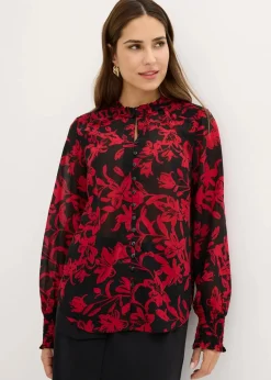 bonprix Nachhaltigere Materialien|Blusen & Tuniken|Chiffon Bluse mit Smok-Details schwarz/rot bedruckt