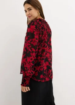 bonprix Nachhaltigere Materialien|Blusen & Tuniken|Chiffon Bluse mit Smok-Details schwarz/rot bedruckt