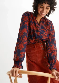bonprix Bekleidung·Jacken & Mäntel|Blusen & Tuniken|Chiffon Bluse mit Smok-Details dunkelblau/rostbraun bedruckt
