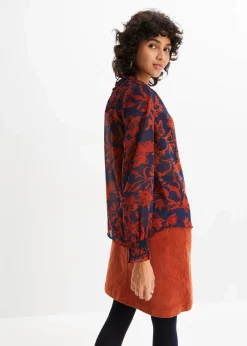 bonprix Bekleidung·Jacken & Mäntel|Blusen & Tuniken|Chiffon Bluse mit Smok-Details dunkelblau/rostbraun bedruckt