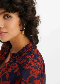 bonprix Bekleidung·Jacken & Mäntel|Blusen & Tuniken|Chiffon Bluse mit Smok-Details dunkelblau/rostbraun bedruckt