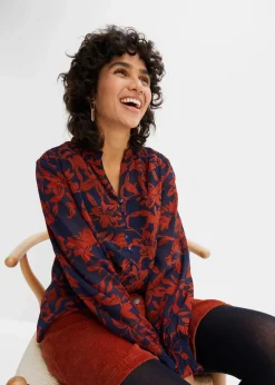 bonprix Bekleidung·Jacken & Mäntel|Blusen & Tuniken|Chiffon Bluse mit Smok-Details dunkelblau/rostbraun bedruckt