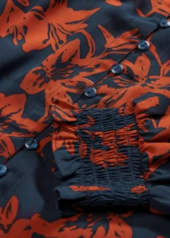 bonprix Bekleidung·Jacken & Mäntel|Blusen & Tuniken|Chiffon Bluse mit Smok-Details dunkelblau/rostbraun bedruckt