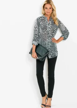 bonprix Bekleidung·Jacken & Mäntel|Blusen & Tuniken|Chiffon Longbluse schwarz/wollweiß bedruckt