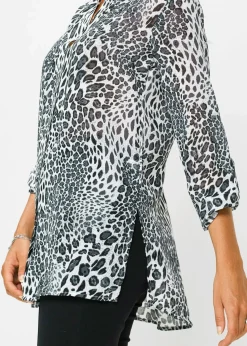 bonprix Bekleidung·Jacken & Mäntel|Blusen & Tuniken|Chiffon Longbluse schwarz/wollweiß bedruckt