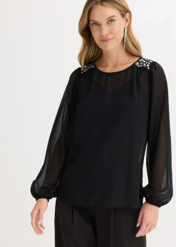 bonprix Bekleidung·Jacken & Mäntel|Festliche Mode|Chiffonbluse mit Strasssteinverzierung schwarz
