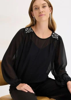 bonprix Bekleidung·Jacken & Mäntel|Festliche Mode|Chiffonbluse mit Strasssteinverzierung schwarz