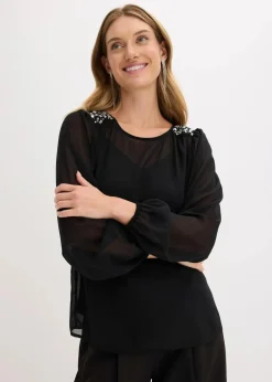 bonprix Bekleidung·Jacken & Mäntel|Festliche Mode|Chiffonbluse mit Strasssteinverzierung schwarz