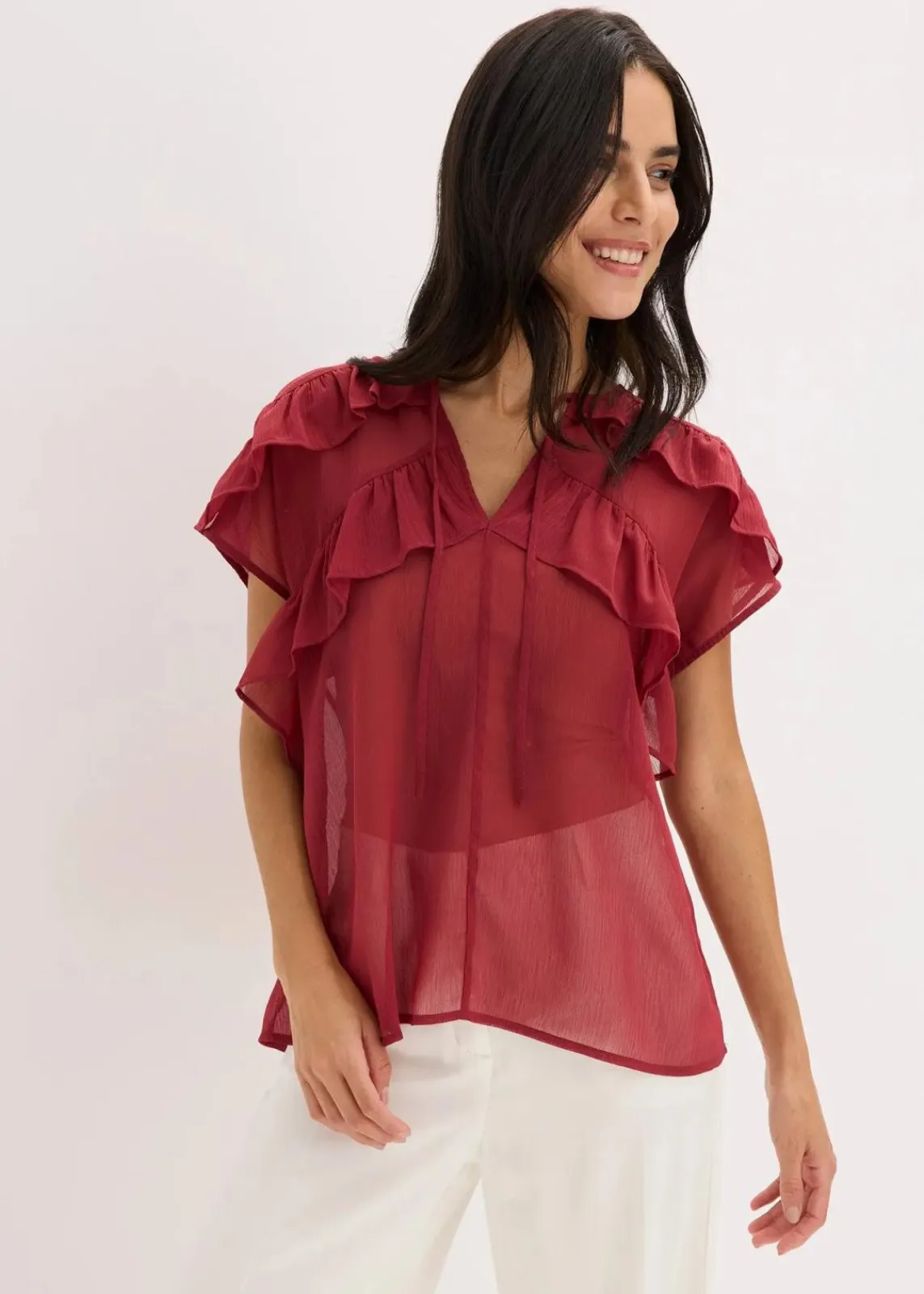 bonprix Bekleidung·Jacken & Mäntel|Blusen & Tuniken|Chiffonbluse mit Volants pflaumenrot