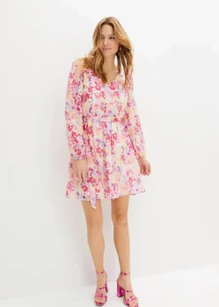 bonprix Bekleidung·Pullover & Strickjacken|Kleider|Chiffonkleid weiß/rosa geblümt