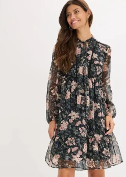 bonprix Bekleidung·Pullover & Strickjacken|Kleider|Chiffonkleid schwarz geblümt