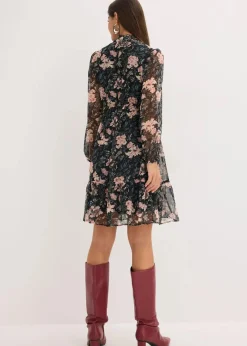 bonprix Bekleidung·Pullover & Strickjacken|Kleider|Chiffonkleid schwarz geblümt