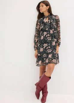 bonprix Bekleidung·Pullover & Strickjacken|Kleider|Chiffonkleid schwarz geblümt