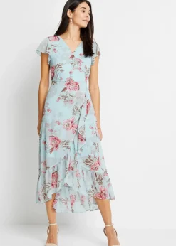 bonprix Bekleidung·Pullover & Strickjacken|Kleider|Chiffonkleid hellblau geblümt