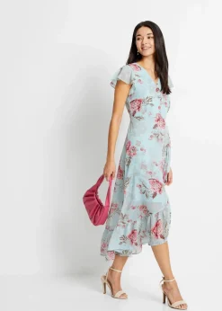 bonprix Bekleidung·Pullover & Strickjacken|Kleider|Chiffonkleid hellblau geblümt