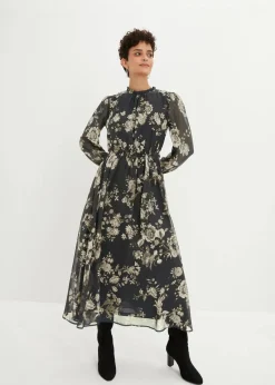 bonprix Bekleidung·Pullover & Strickjacken|Kleider|Chiffonkleid schwarz/mattschilf geblümt