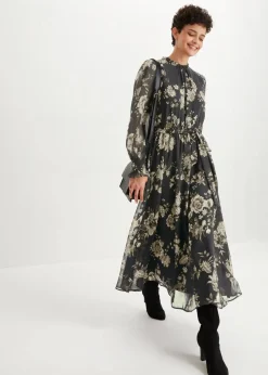 bonprix Bekleidung·Pullover & Strickjacken|Kleider|Chiffonkleid schwarz/mattschilf geblümt