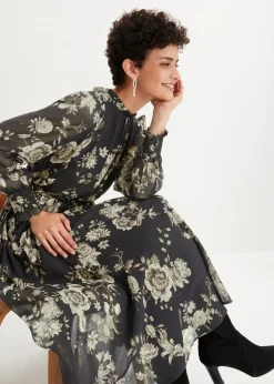 bonprix Bekleidung·Pullover & Strickjacken|Kleider|Chiffonkleid schwarz/mattschilf geblümt