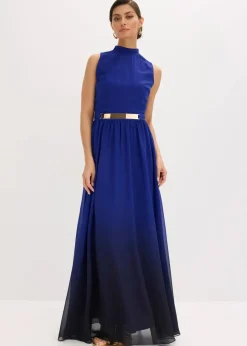 bonprix Bekleidung·Pullover & Strickjacken|Festliche Mode|Chiffonkleid mit Kragen und Accessoire blau/schwarz bedruckt