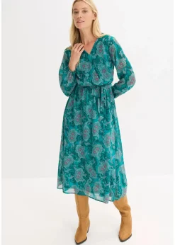 bonprix Kleider|Bekleidung·Pullover & Strickjacken|Chiffonkleid mit Paisley-Druck dunkelsmaragd/dunkelfuchsia paisley