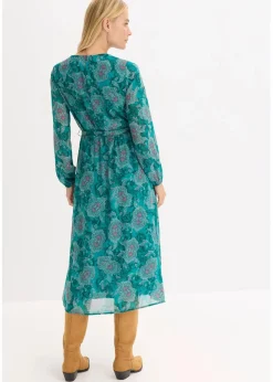 bonprix Kleider|Bekleidung·Pullover & Strickjacken|Chiffonkleid mit Paisley-Druck dunkelsmaragd/dunkelfuchsia paisley