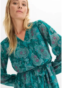 bonprix Kleider|Bekleidung·Pullover & Strickjacken|Chiffonkleid mit Paisley-Druck dunkelsmaragd/dunkelfuchsia paisley
