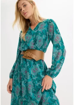 bonprix Kleider|Bekleidung·Pullover & Strickjacken|Chiffonkleid mit Paisley-Druck dunkelsmaragd/dunkelfuchsia paisley
