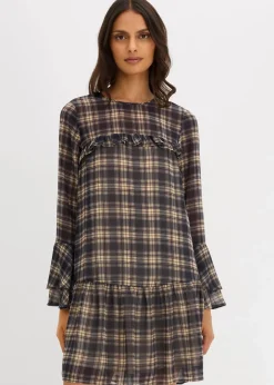 bonprix Bekleidung·Pullover & Strickjacken|Kleider|Chiffonkleid mit Volants schwarz kariert