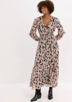 bonprix Bekleidung·Pullover & Strickjacken|Kleider|Chiffonkleid mit Volants schwarz/rosenholz floral