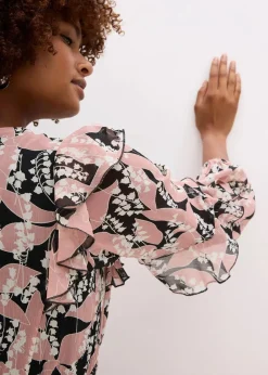 bonprix Bekleidung·Pullover & Strickjacken|Kleider|Chiffonkleid mit Volants schwarz/rosenholz floral