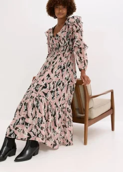 bonprix Bekleidung·Pullover & Strickjacken|Kleider|Chiffonkleid mit Volants schwarz/rosenholz floral