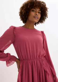 bonprix Bekleidung·Pullover & Strickjacken|Kleider|Chiffonkleid mit Volants waldbeere