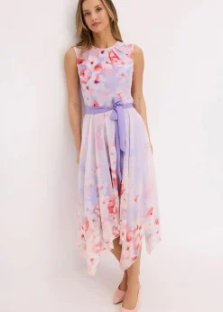 bonprix Bekleidung·Pullover & Strickjacken|Festliche Mode|Chiffonkleid mit Zipfelsaum und Bindeband helllila geblümt