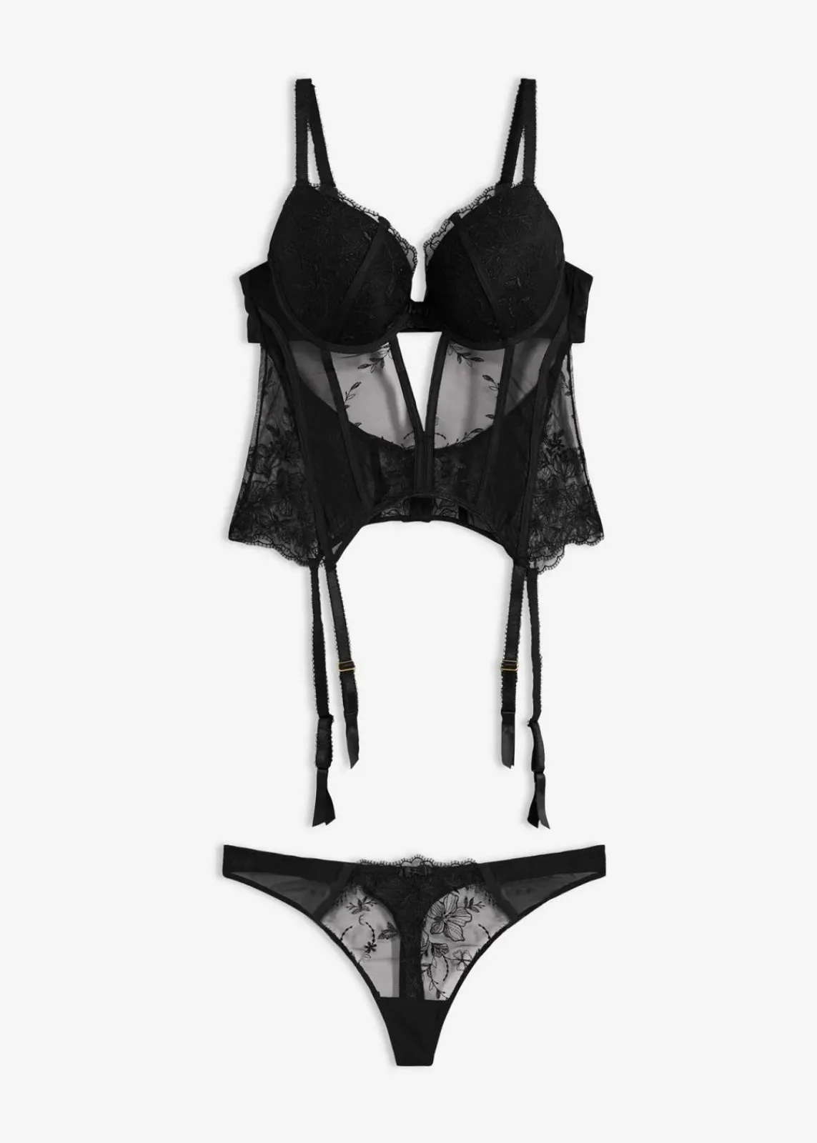 bonprix Corsagen & Negligés|Dessous|Corsage mit Bügel und String mit edler Stickerei (2-tlg.Set) schwarz