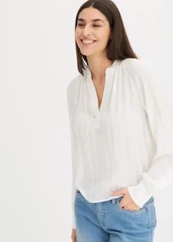 bonprix Bekleidung·Jacken & Mäntel|Blusen & Tuniken|Crinkle-Bluse mit Lurex weiß gestreift