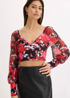 bonprix Bekleidung·Jacken & Mäntel|Blusen & Tuniken|Cropped Blusentop schwarz geblümt