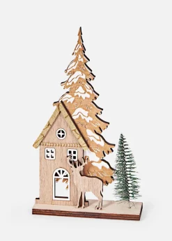 bonprix Wohnaccessoires|Weihnachtsdeko & -Textilien·Beleuchtung|Deko-Objekt Haus mit Tannenbäumen natur