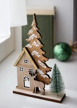 bonprix Wohnaccessoires|Weihnachtsdeko & -Textilien·Beleuchtung|Deko-Objekt Haus mit Tannenbäumen natur