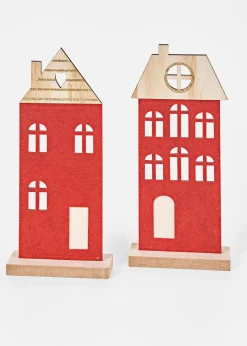 bonprix Wohnaccessoires|Weihnachtsdeko & -Textilien·Beleuchtung|Deko-Objekt Häuser (2er Pack) dunkelrot/natur