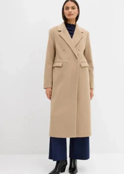 bonprix Bekleidung·Hosen|Nachhaltigere Materialien|Doppelreihiger Mantel in Wolloptik khakibeige