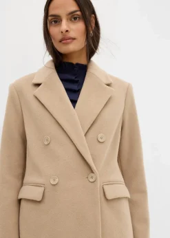 bonprix Bekleidung·Hosen|Nachhaltigere Materialien|Doppelreihiger Mantel in Wolloptik khakibeige